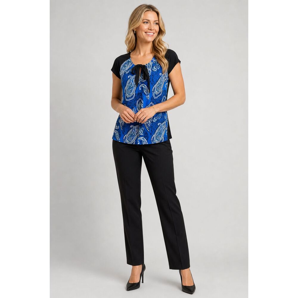 Blue Paisley Keyhole Tie Neck Blouse Size S Boho Career Top Colorblock